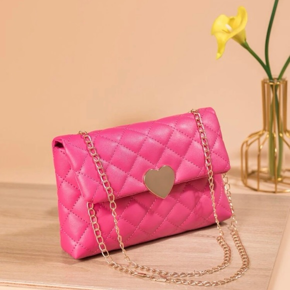 Neon Pink Quilted Detail Heart Decor Chain Flap Square Purse *NEW* - Picture 2 of 5